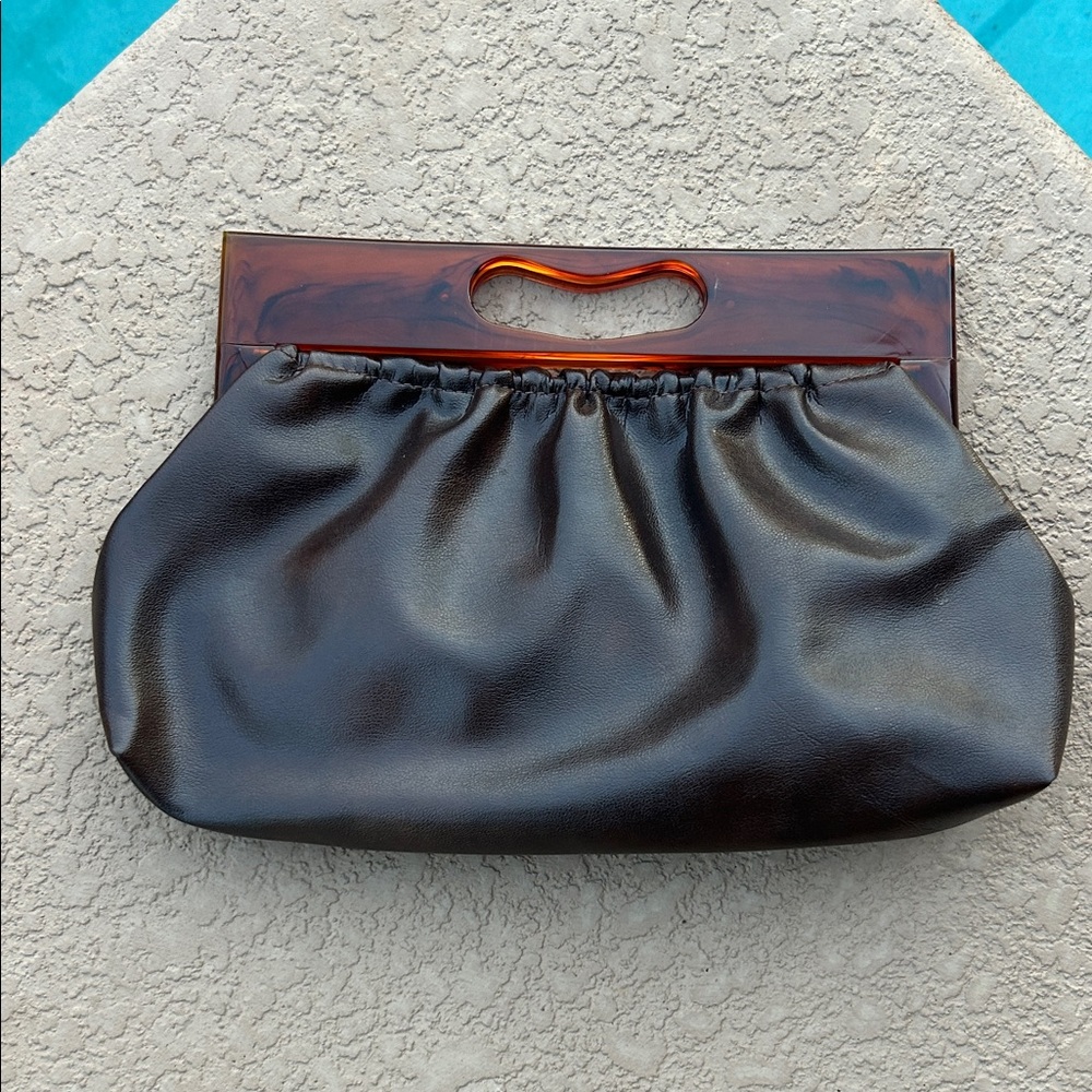 Chocolate Brown Vintage Vegan Leather Handheld Clutch with Tortoiseshell Handle